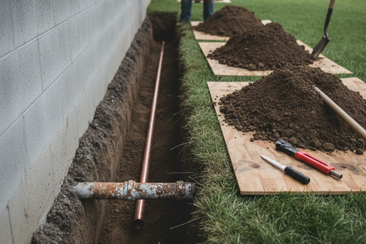 Excavated water line trench during Water Heater Repair in Walker
